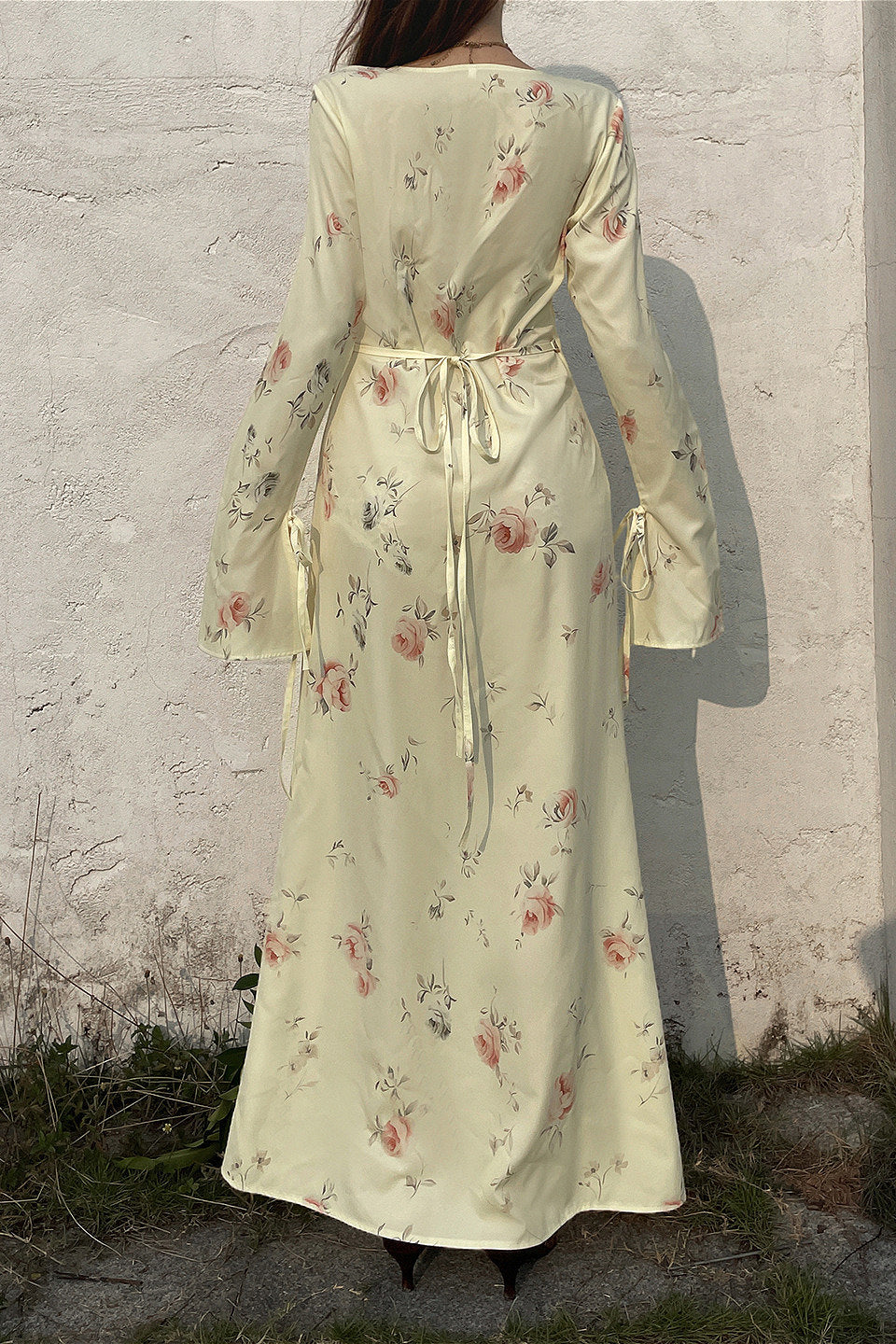 Sweet V Neck Flare Sleeve Wrap Tie Slim Maxi Floral Dress