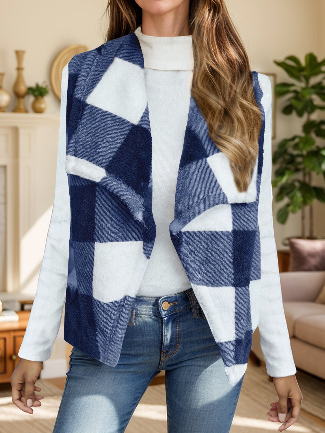 Yolanda | Checked vest coat with an open front