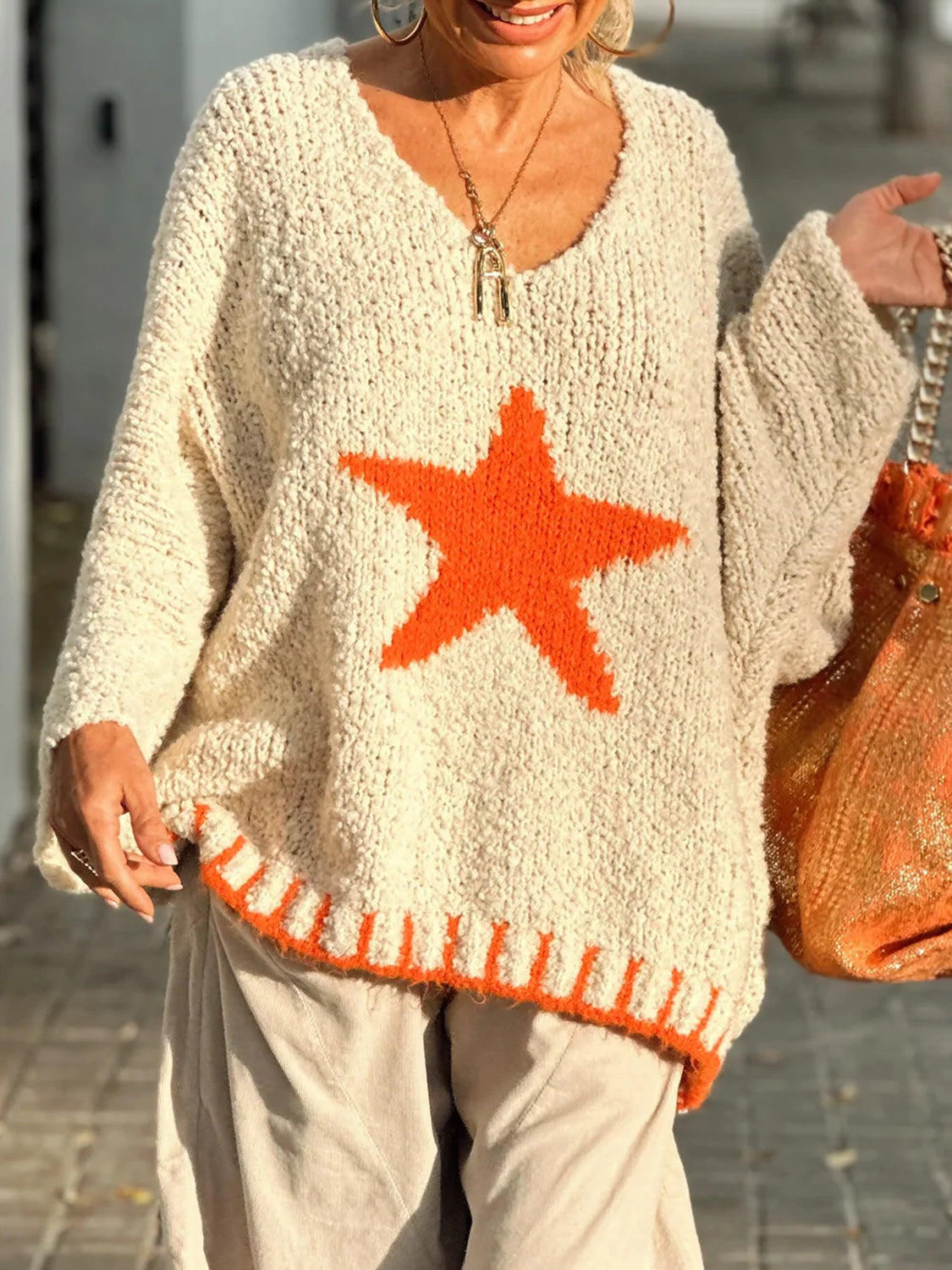 Ingrid | Long-sleeved oversized sweater with a star V-neck