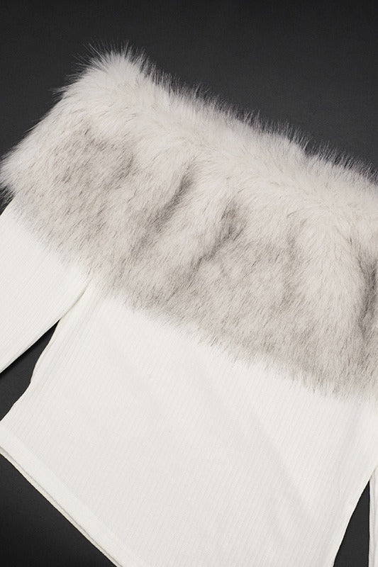 Fuzzy Long Sleeve Off Shoulder Asymmetric Long Sleeve Tee