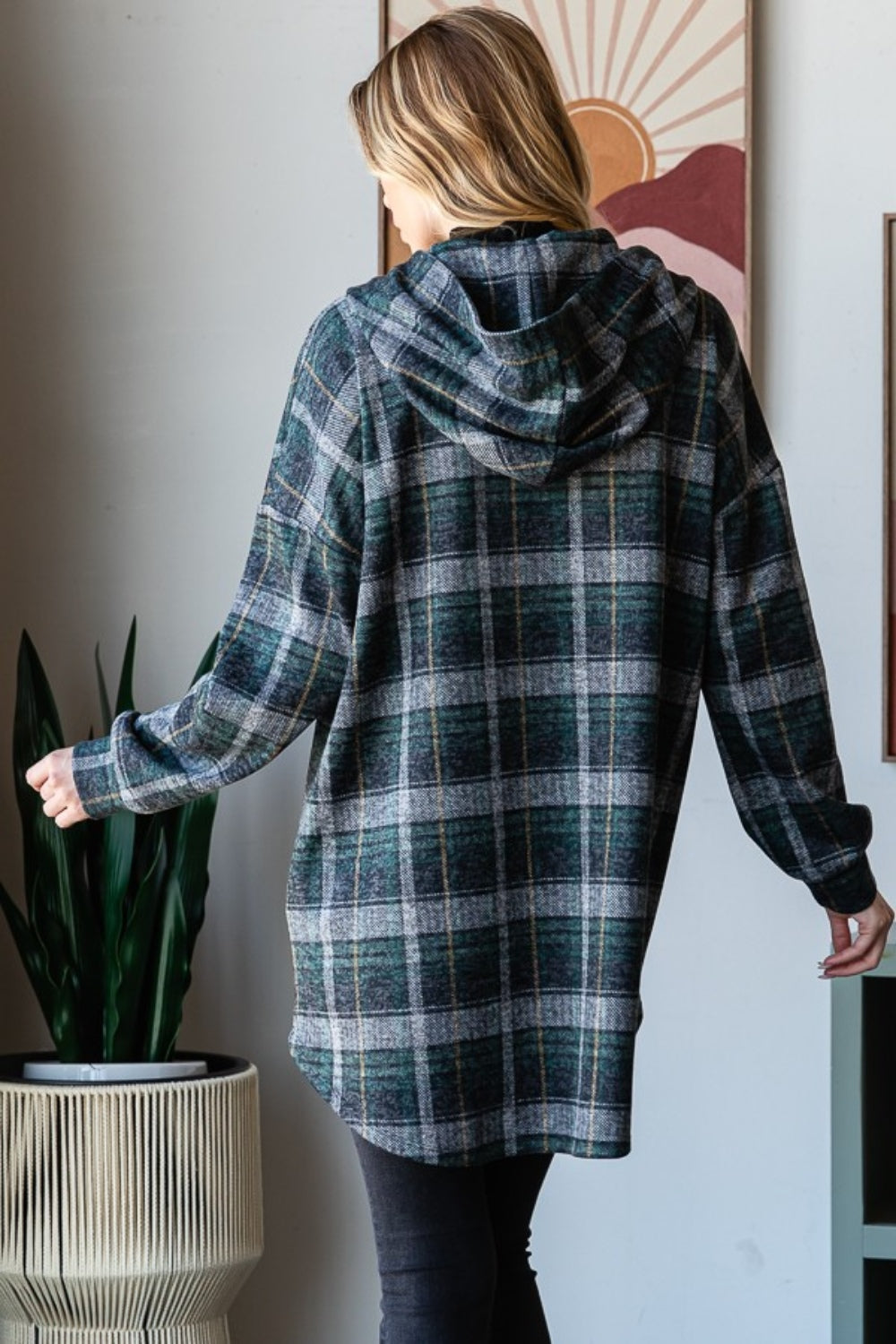 Loretta | Heimish checked button-down cardigan with hood and long sleeves