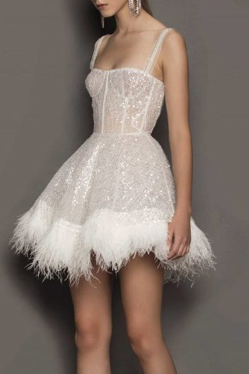 Feather Sequin Strapless Party Dress