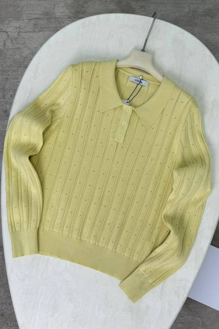 Jacquard Polo Collar Long Sleeve Loose Blouse