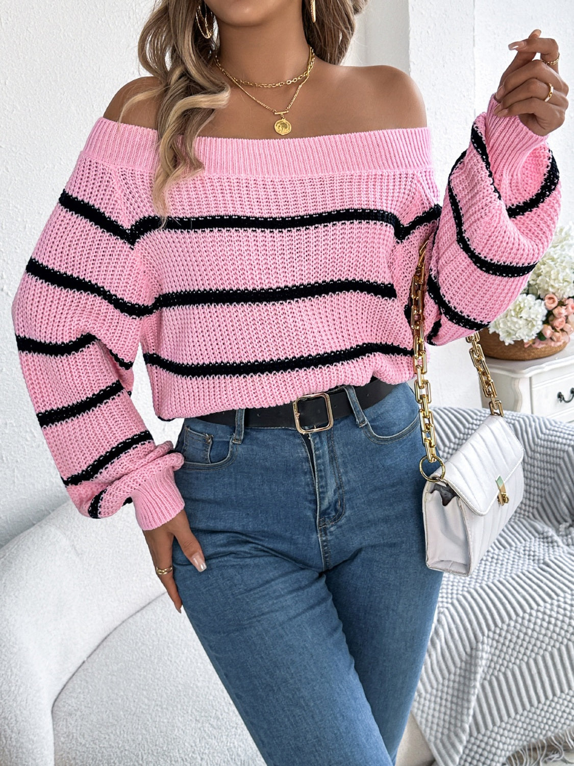 Dorotea | Striped off-the-shoulder long-sleeve sweater