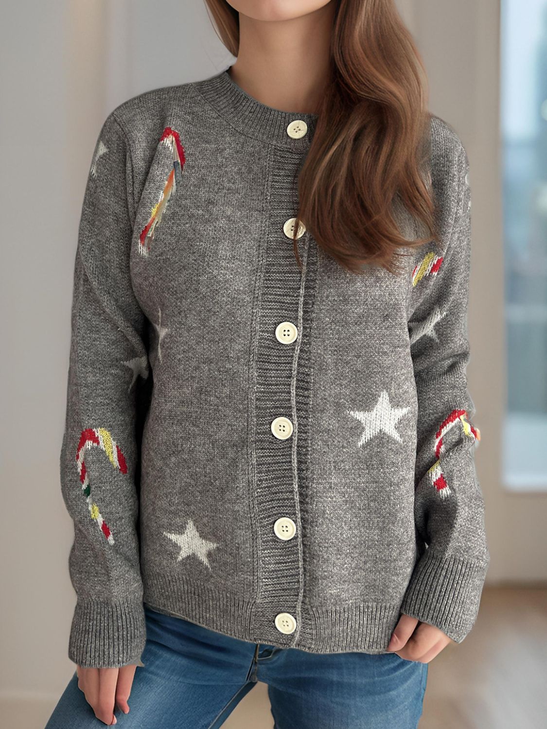 Justina | Candy Cane & Star button-front long-sleeved cardigan.