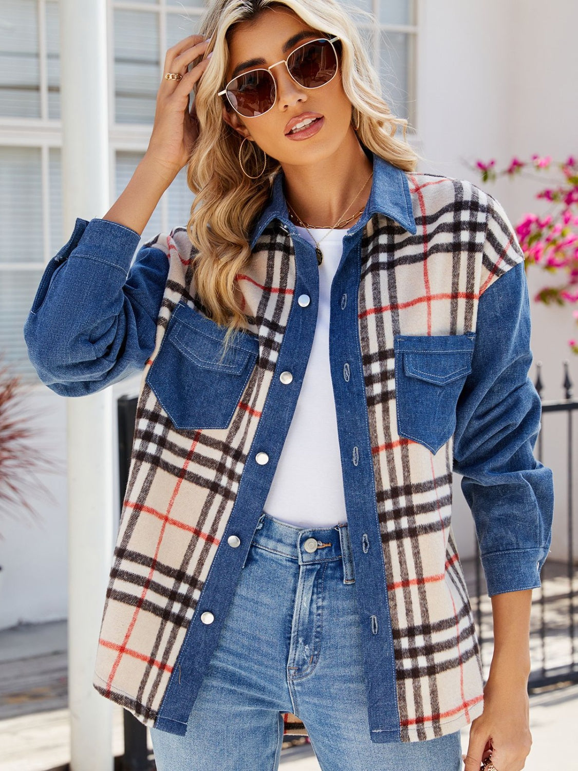 Ursula | Checked long sleeve denim jacket