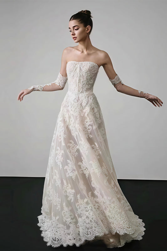 Vintage Lace Bandeau Floral Print Reception Dress