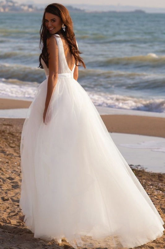 Elegant Minimalist Deep V Backless Reception Dress