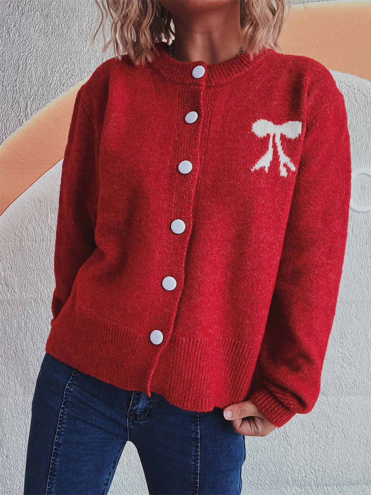 Beate | Long-sleeved cardigan with bow and round neckline and buttons