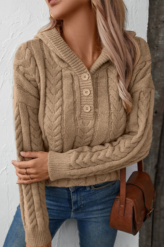Vintage Solid Color Button-Front Hooded Thick Warm Sweater