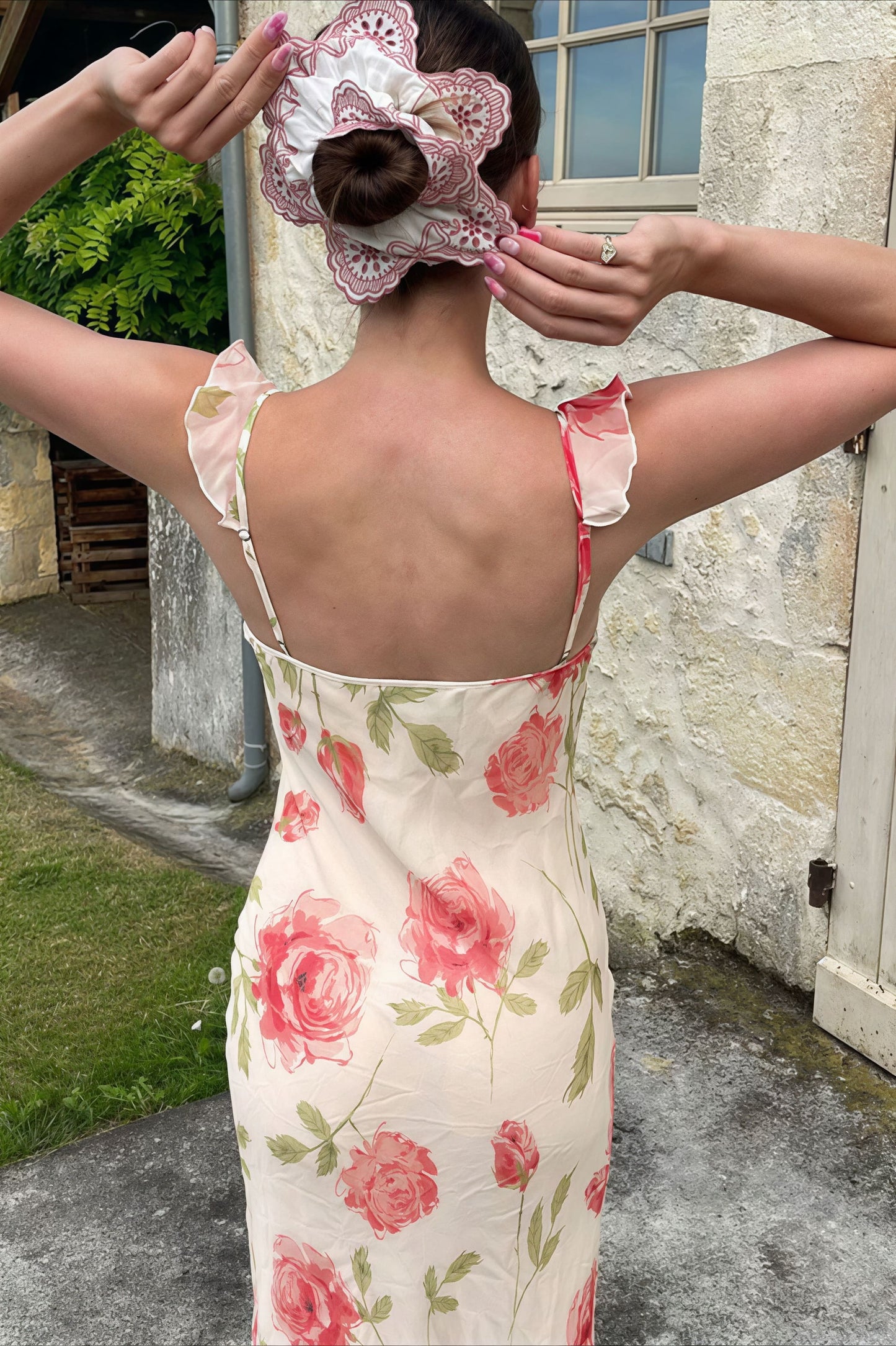 Floral Print Mesh V Neck Cami Midi Dress