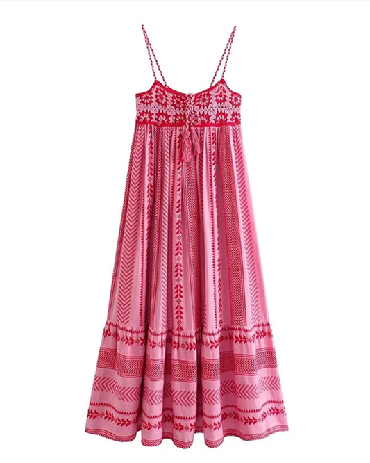 Elisa® | Printed Embroidered Camisole Midi Dress With Lace-Up Detail