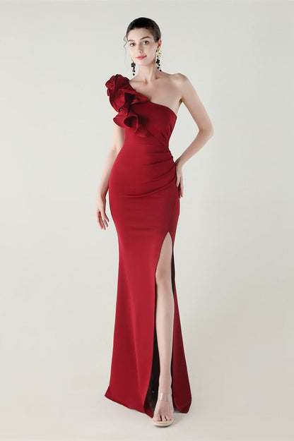 Ruffled Floral One Shoulder Satin Party Dress