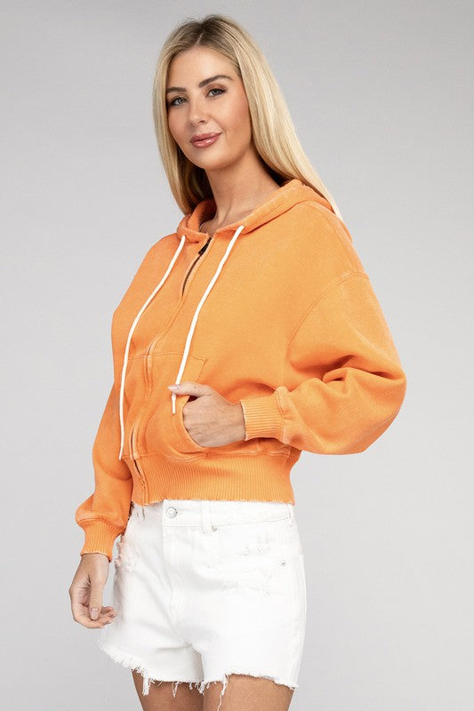 Fabiana | Cropped acid wash fleece zip-up hoodie