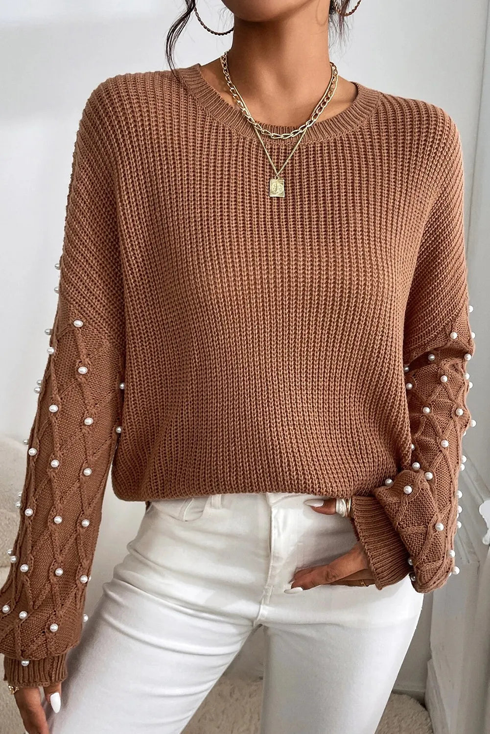 Sofia | Long sleeve crew neck sweater with pearl detail