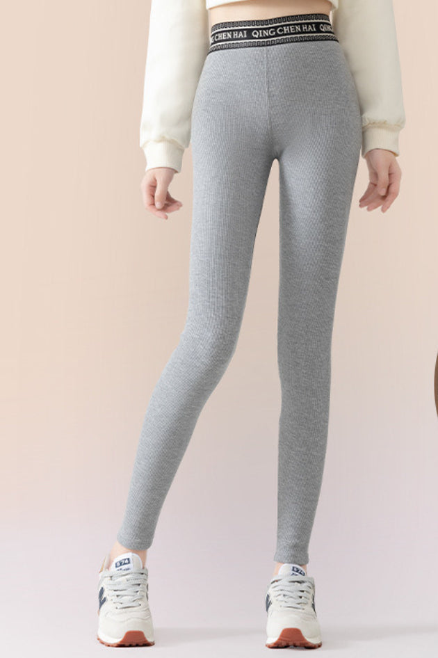 Ribbed Cotton Fleece Lined Slim Fit Ankle Length Leggings