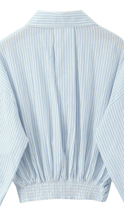 Striped Long Sleeve Shirt High Waist Tie Mini Skirt Set