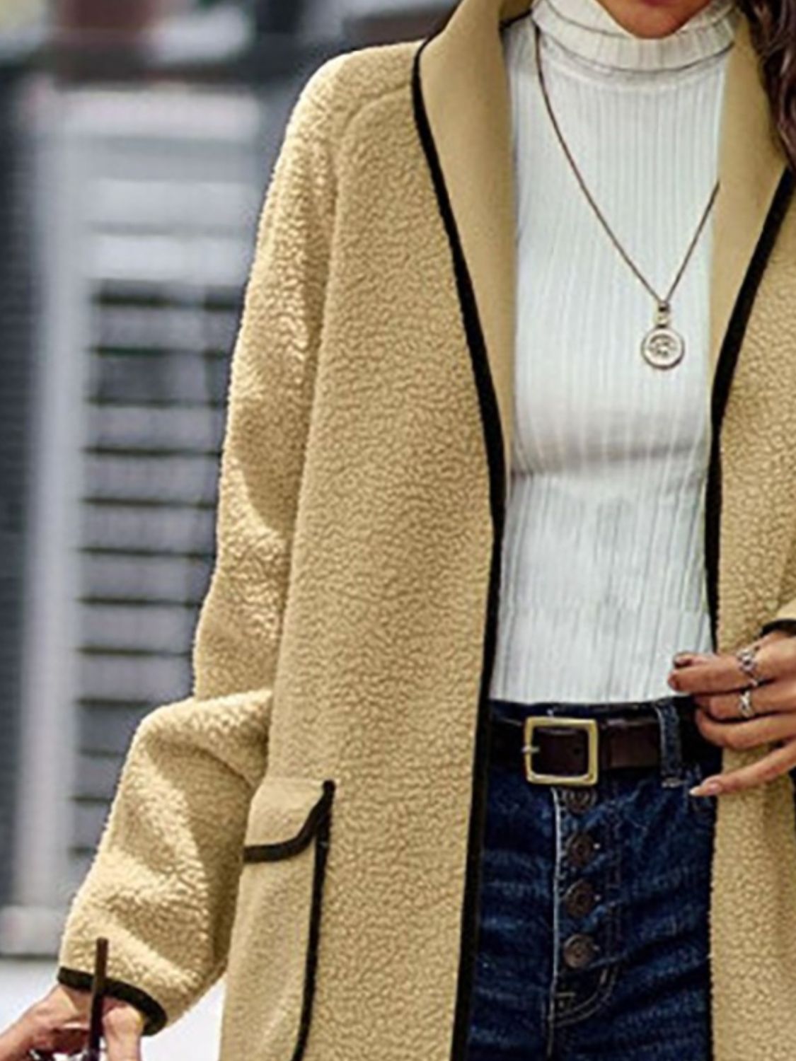 Claudia | Full size long sleeve coat with contrast trim and pockets