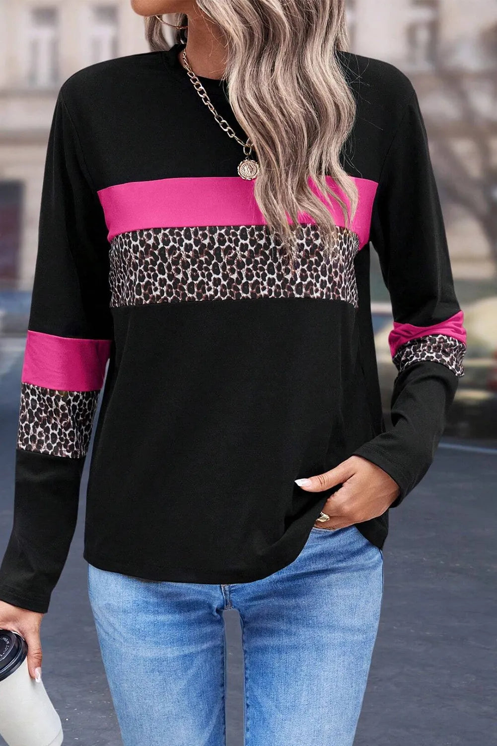 Sabine | Leopard long sleeve blouse with a round neckline