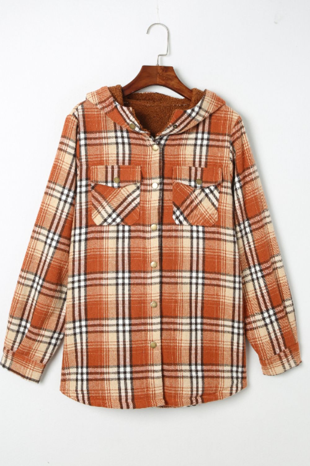 Brigida | Checked button down long sleeve hooded jacket