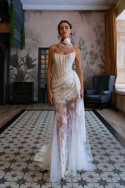 Lace Boned Bandeau High Slit Asymmetrical Reception Dress