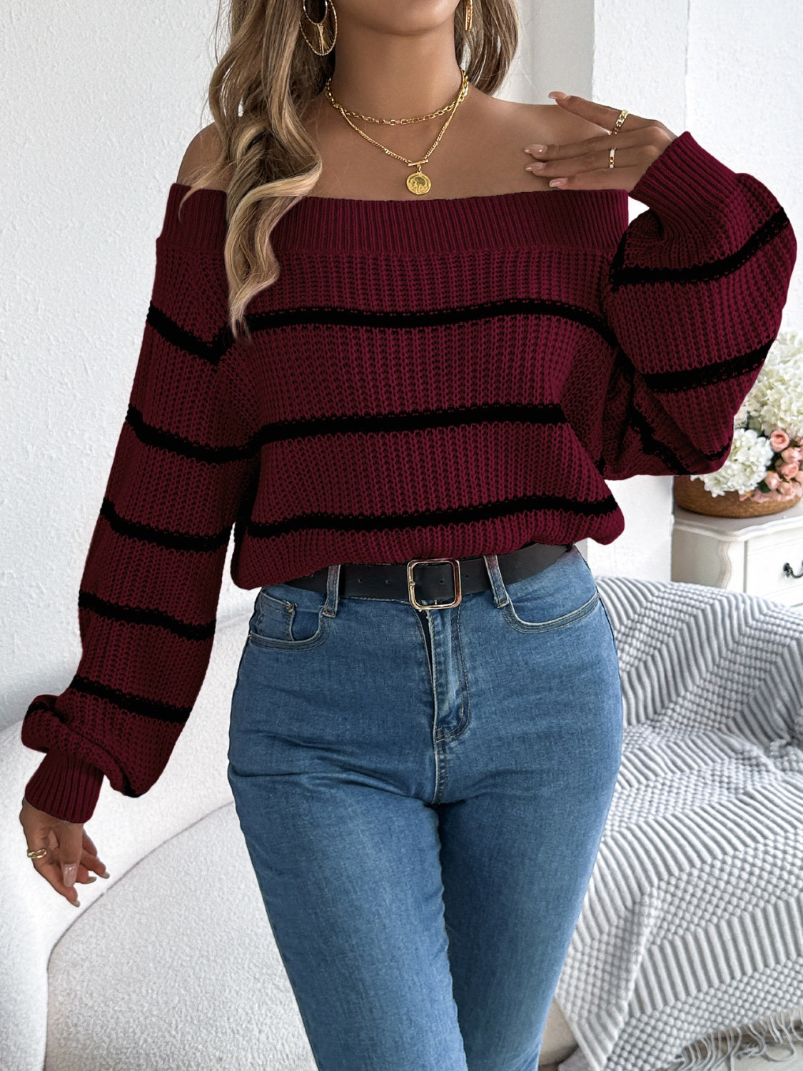 Dorotea | Striped off-the-shoulder long-sleeve sweater