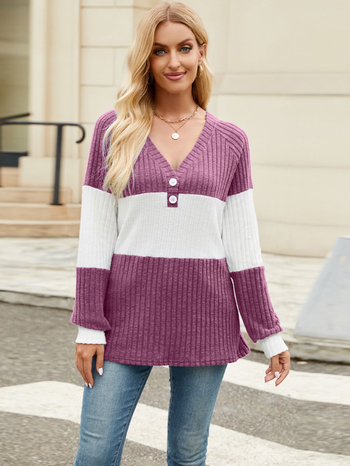 Felicidad | Color block V-neck long sleeve t-shirt