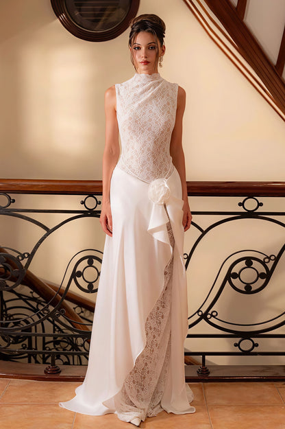 Sleeveless High Neck Flower Lace Patchwork Reception Dress
