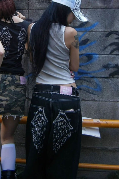 Angel Wing Embroidery Rhinestone Straight Jeans