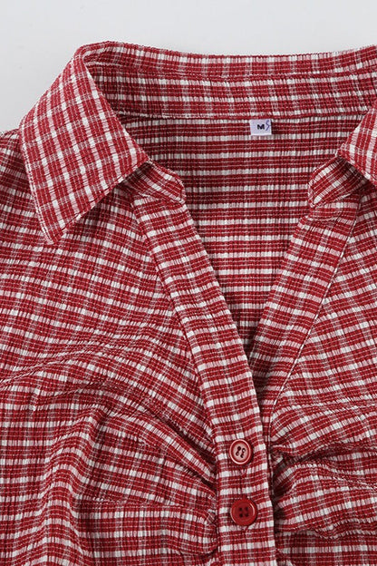 Preppy Plaid Button Down Collar Slim Blouse