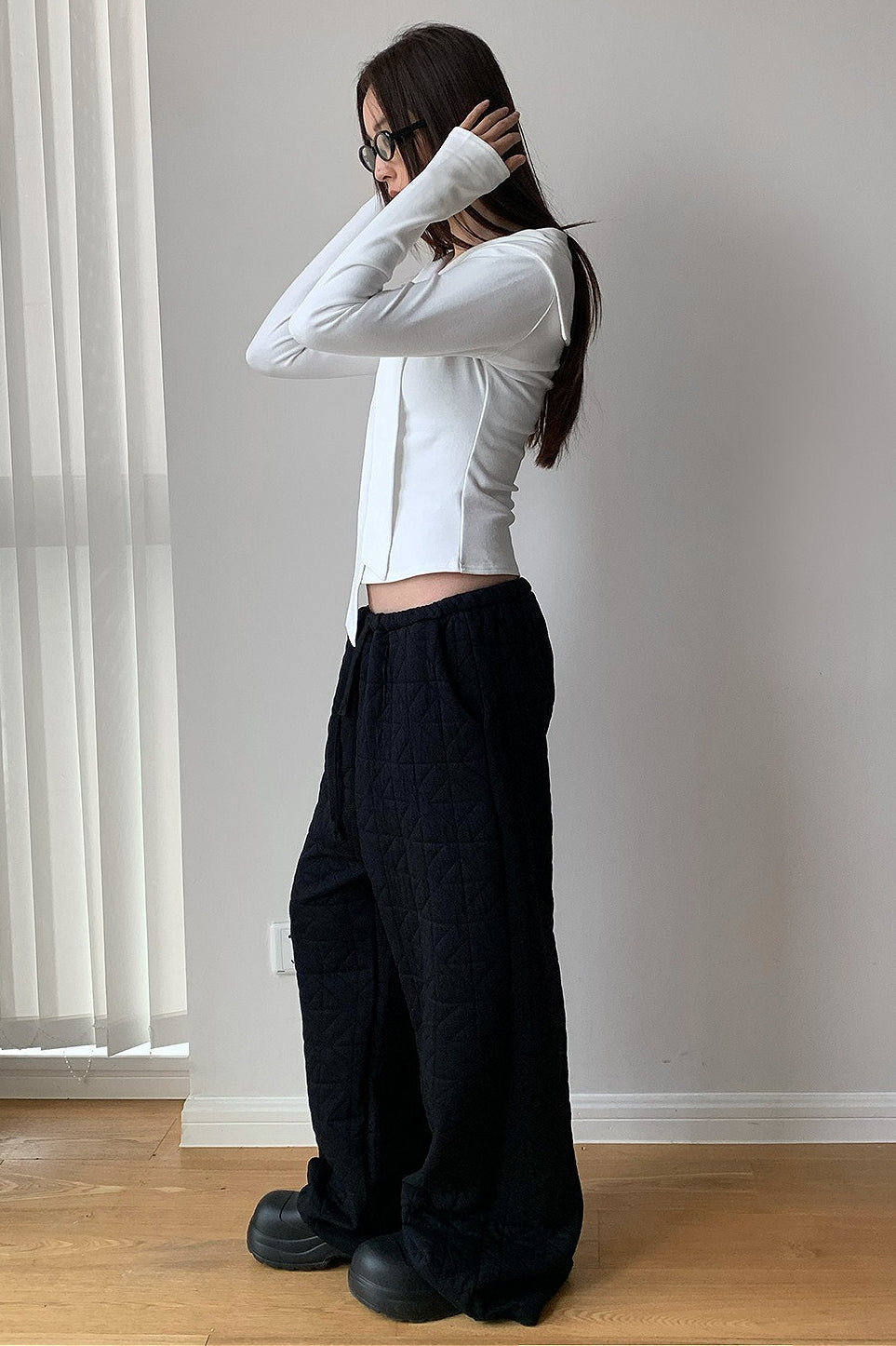 Solid Diamond Quilted Thickened Drawstring Thermal Pants