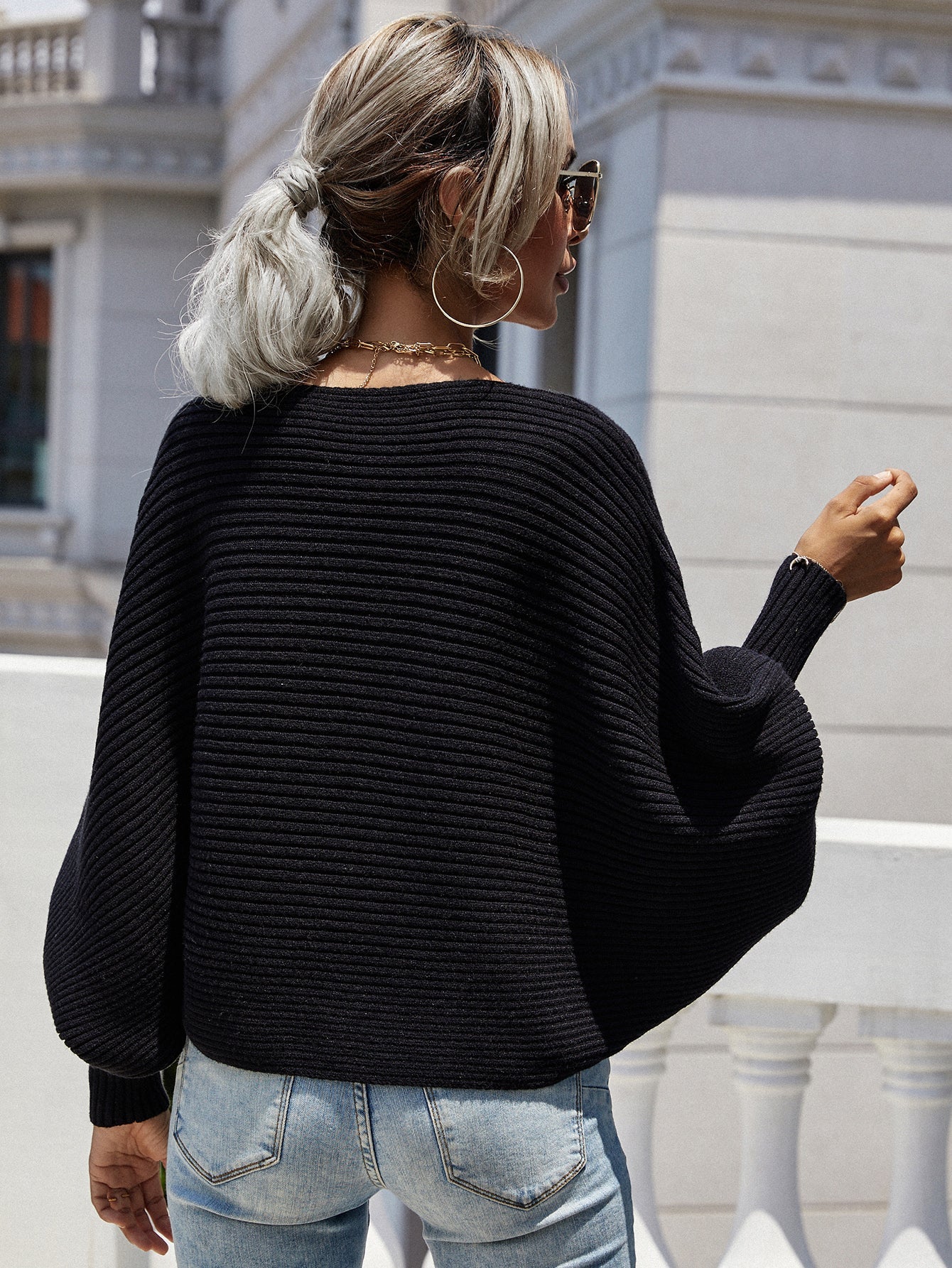 Wendy | Woven right horizontal ribbed sweater with dolman sleeves