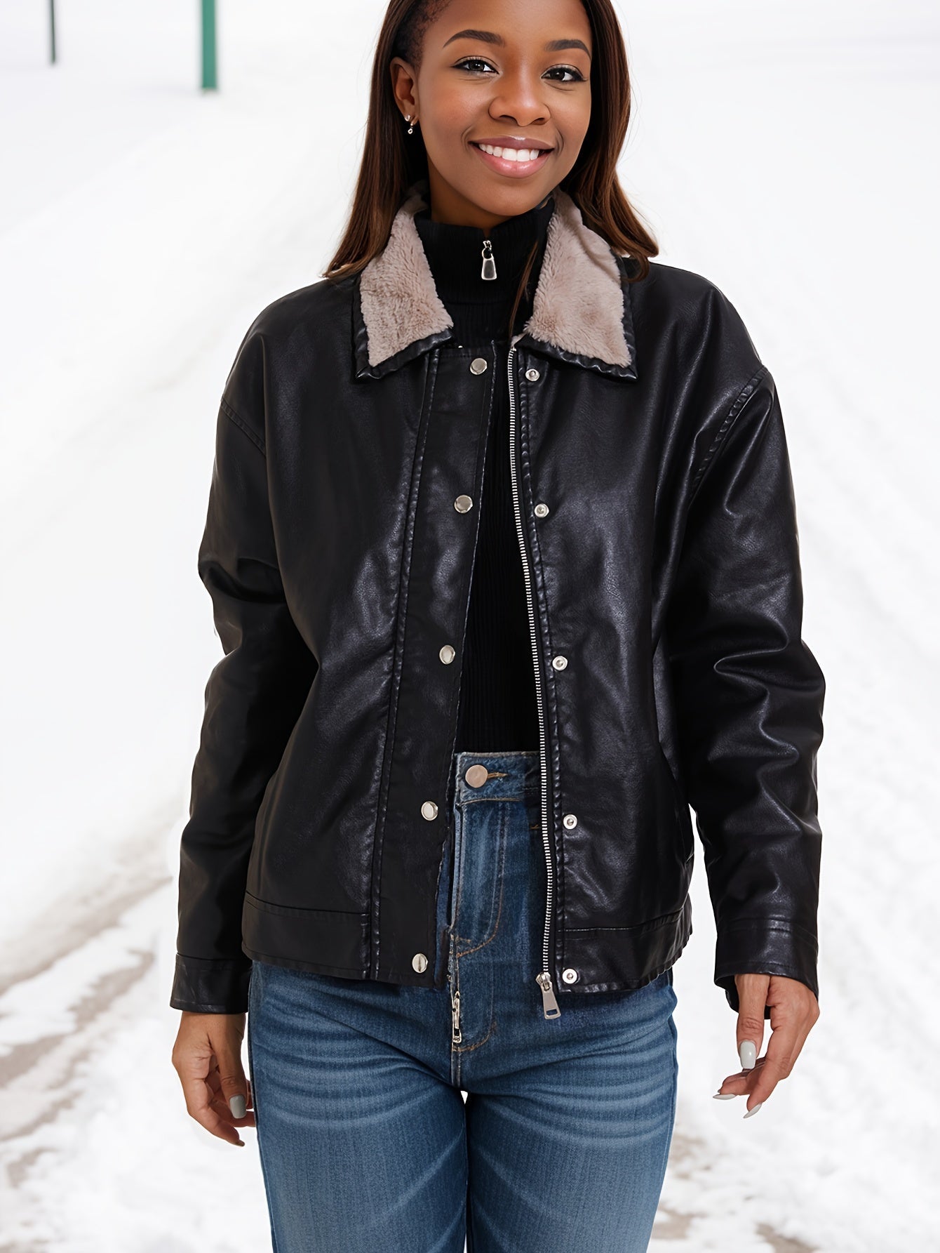 Denise | Fleece lined PU leather jacket