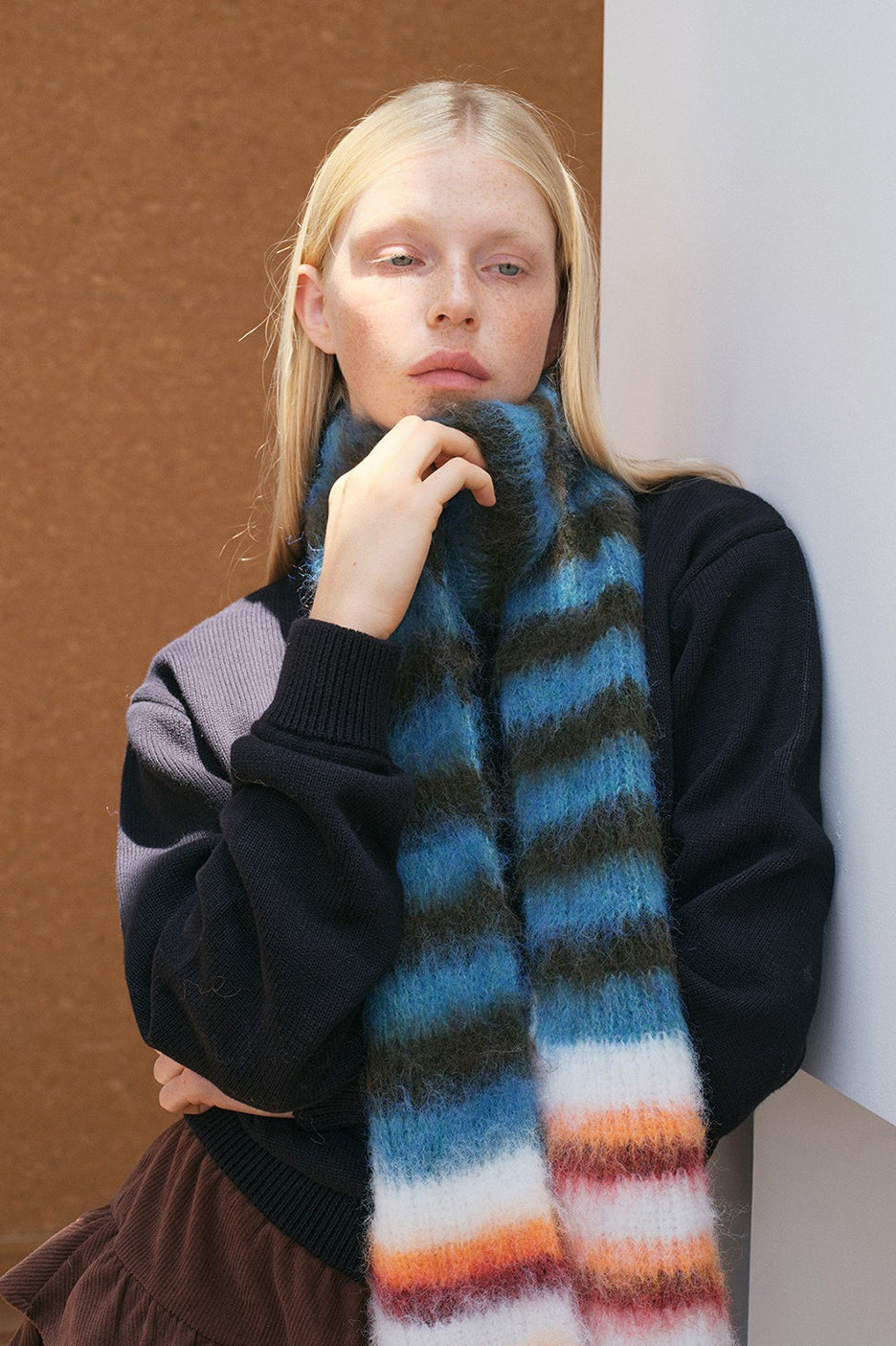 Contrast Striped Narrow Soft Wool Blend Knitted Scarf