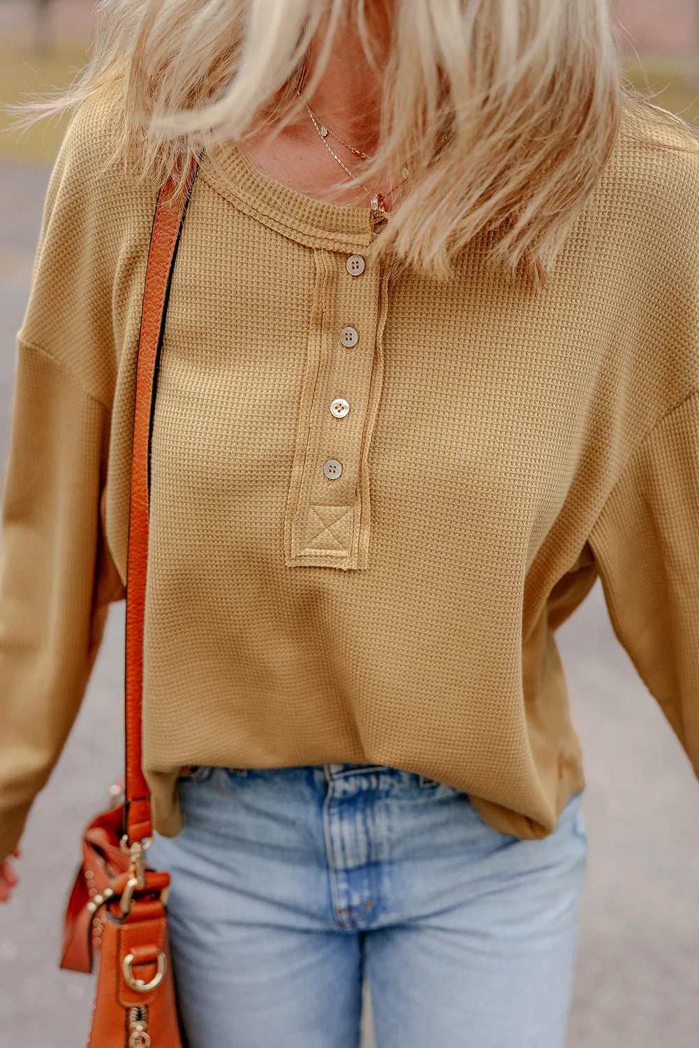Jutta | Half button waffle knit crew neck top