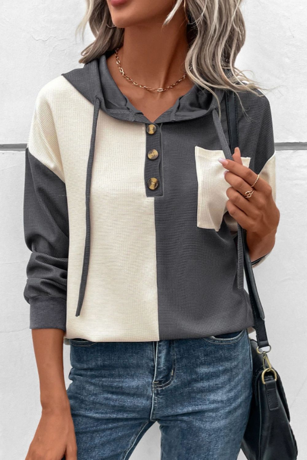Yesenia | Two-tone long-sleeved waffle knit hoodie