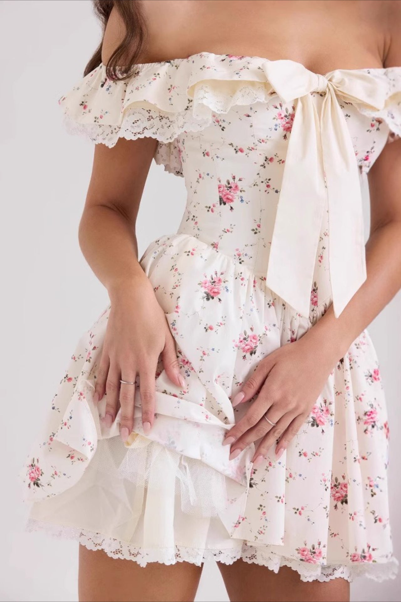 Sweet Floral Bow Off Shoulder Mini Dress