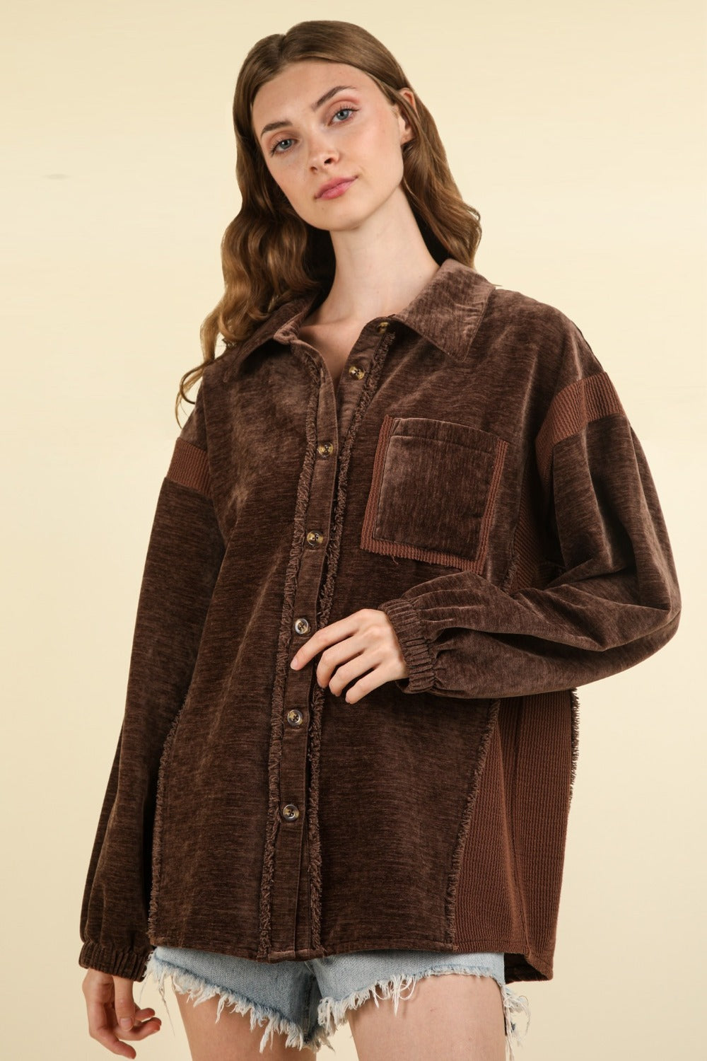Carmen | Mixed media button-down jacket with raw hem