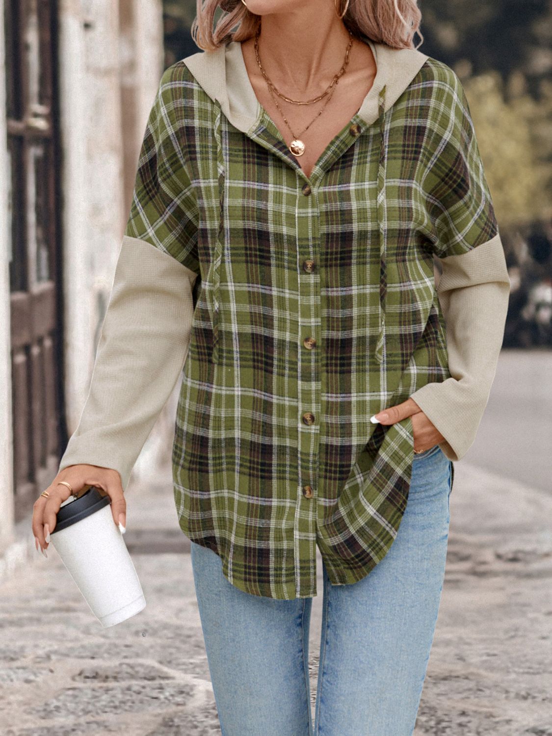 Isadora | Perfee drawstring check long sleeve hooded shirt