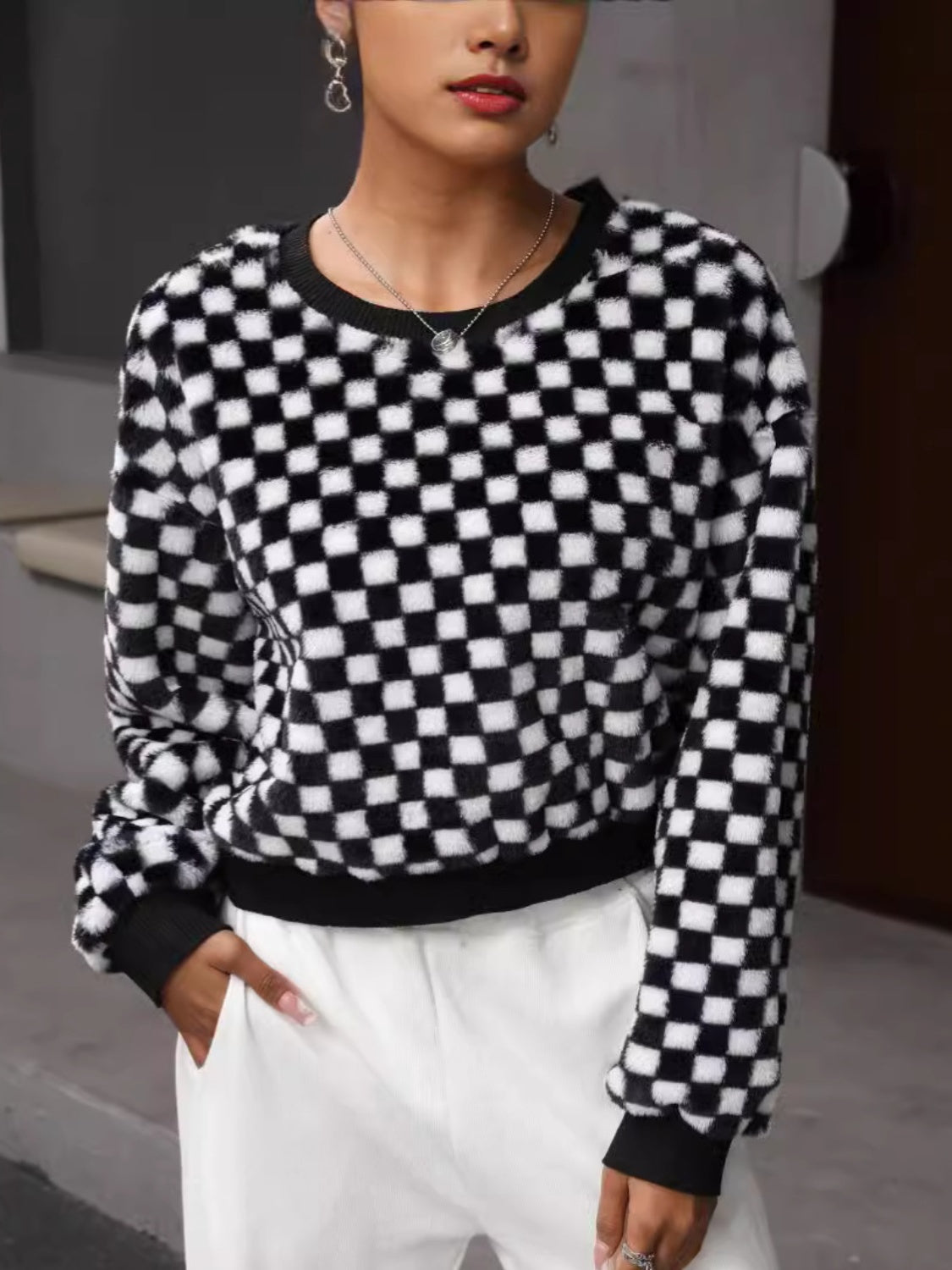 Tatjana | Checked long-sleeved crew neck sweatshirt