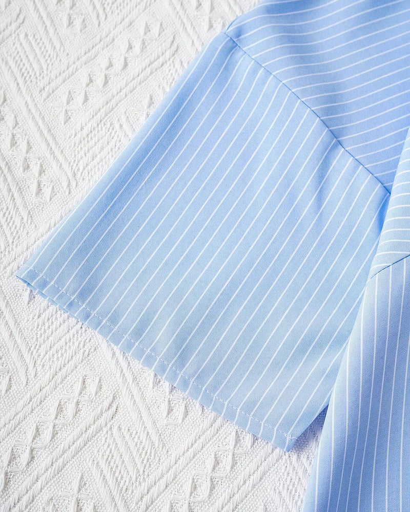 Nayla® | Casual Striped Loose Fit Button-Front Blouse For Women. Striped Blouse With Round Neck And Half-Length Sleeves.