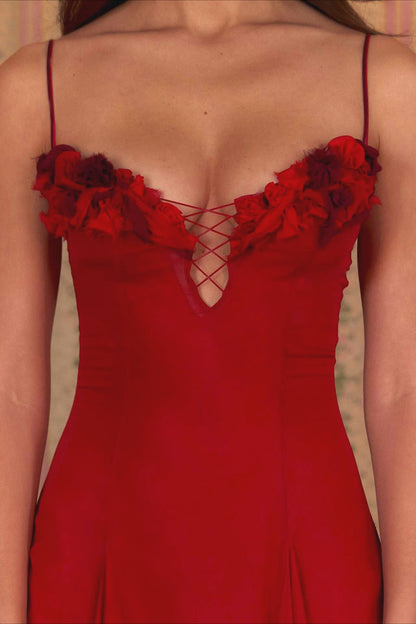 3D Flower Deep V Patchwork Spaghetti Strap Romantic Midi Dress