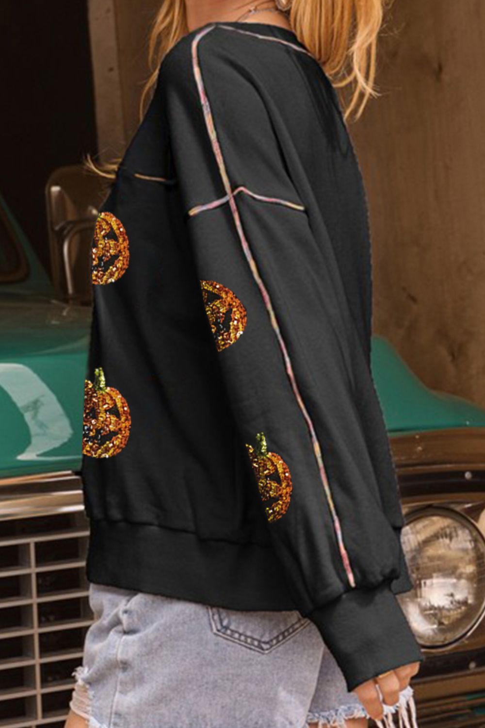 Petra | Long sleeve sequin pumpkin crew neck sweatshirt