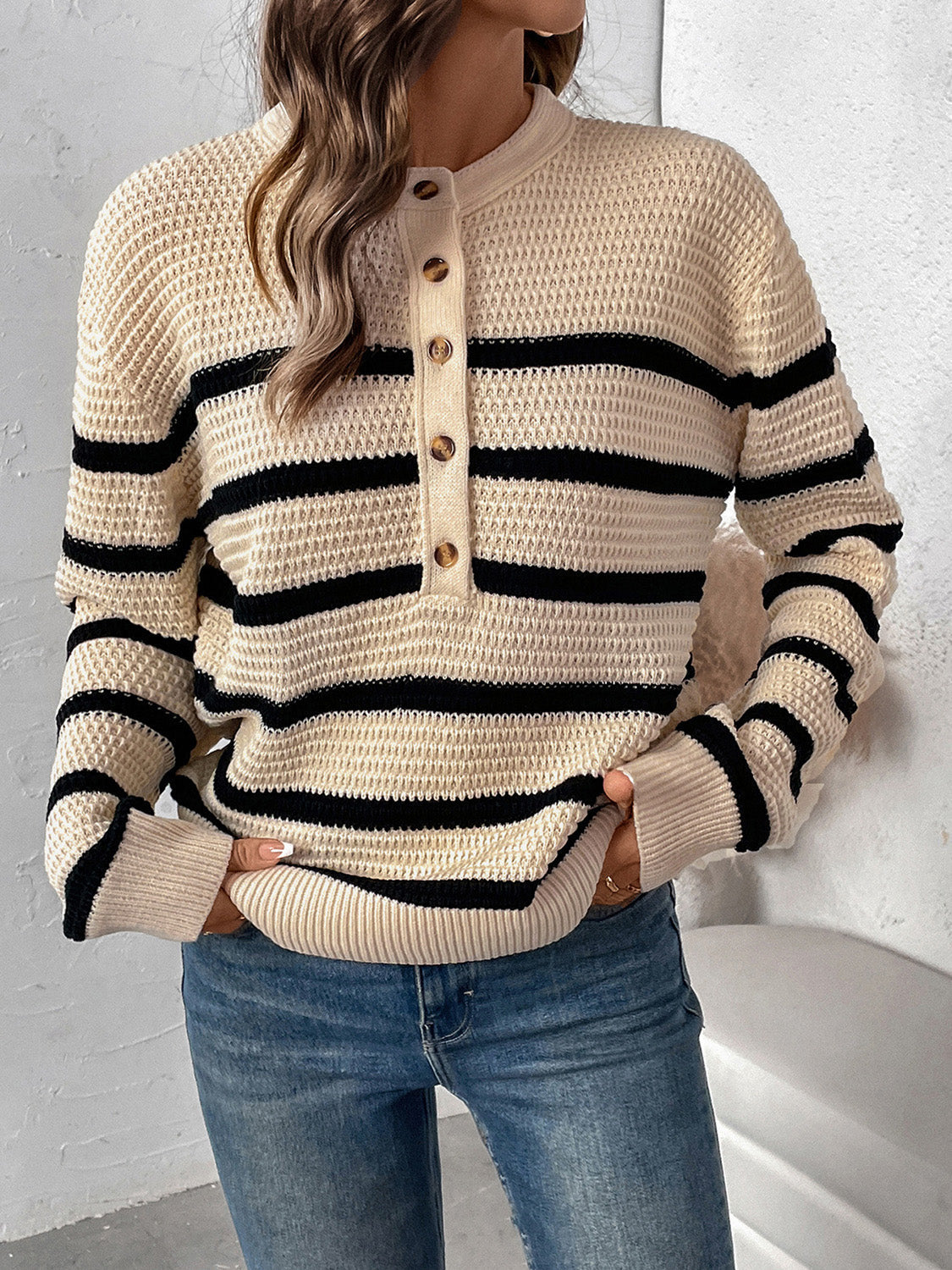 Verónica | Perfee striped long sleeve sweater with half buttons