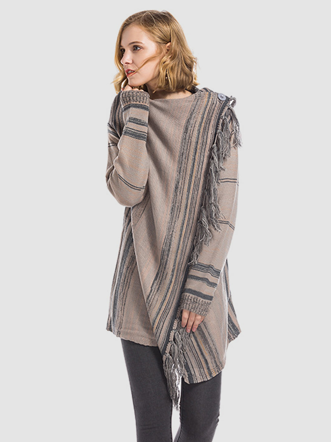 Dagny | Long sleeve cardigan with tassel stripes and open front
