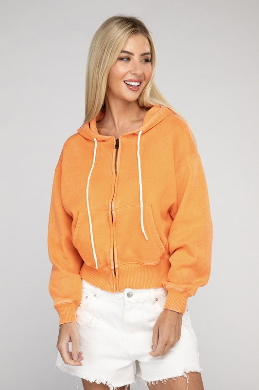 Fabiana | Cropped acid wash fleece zip-up hoodie