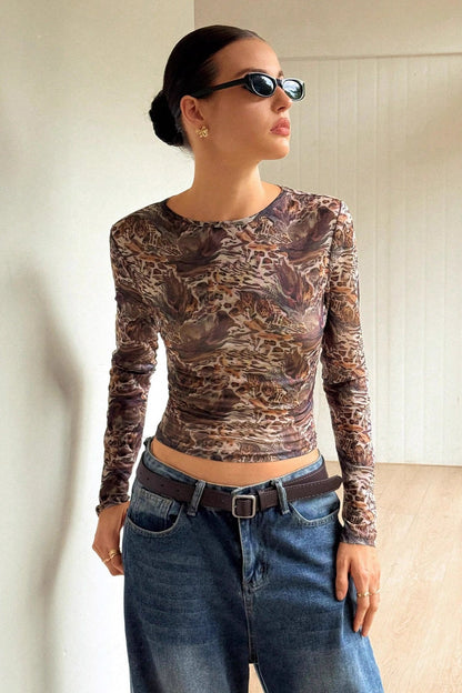 Mesh Sheer Leopard Print Slim Fit Long Sleeve Tee