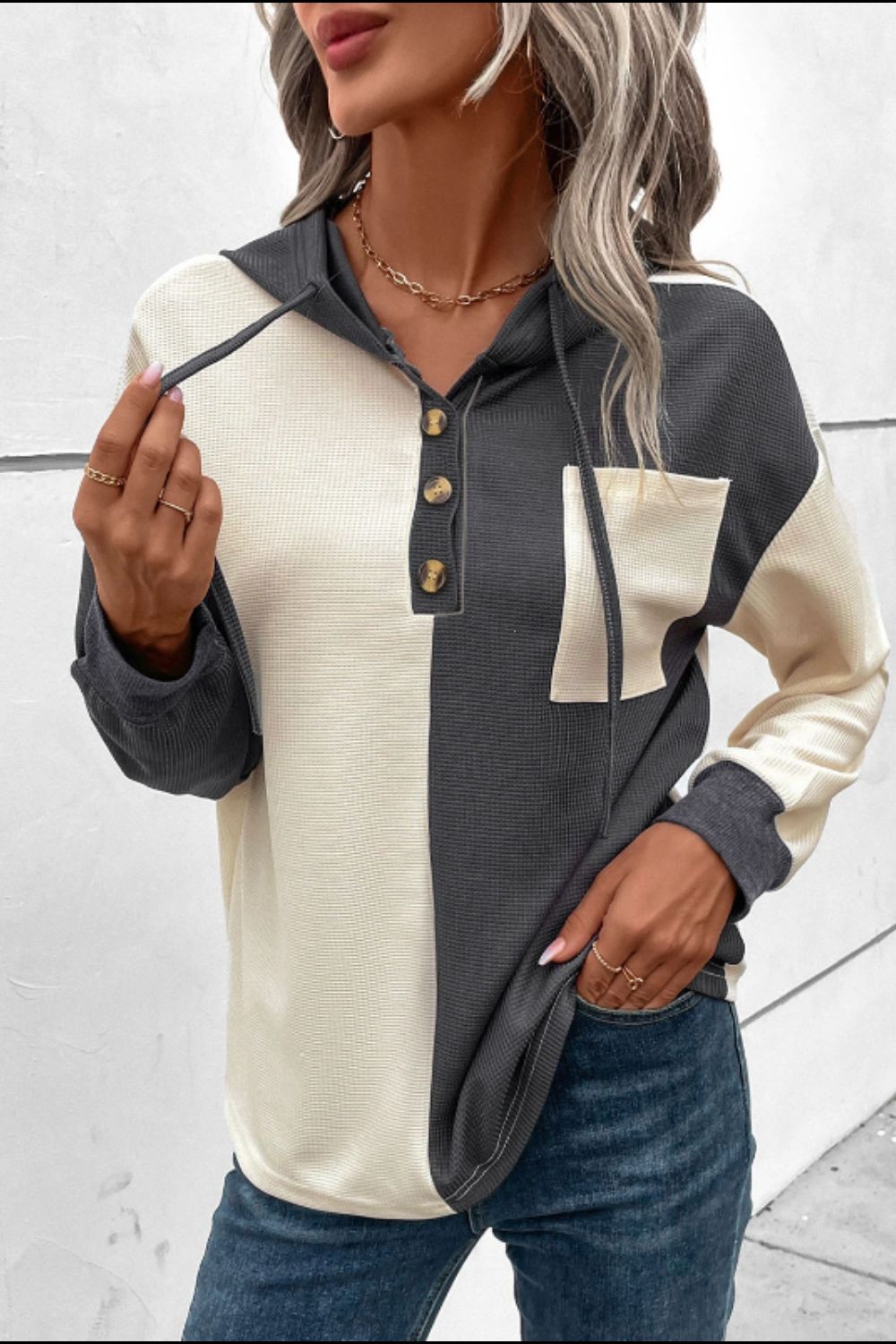 Yesenia | Two-tone long-sleeved waffle knit hoodie