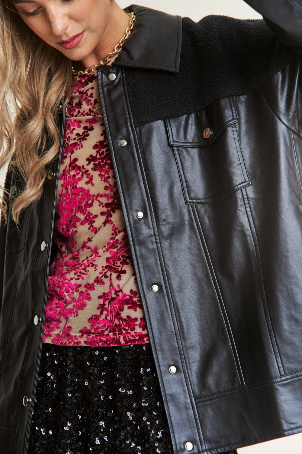 Ana | Faux leather sherpa contrast snap down jacket