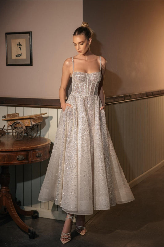 Cami Glitter Silver Boned Tulle Midi Reception Dress